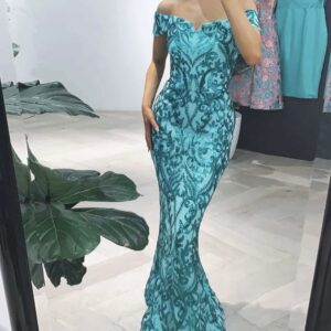 Bariano - Tatiana off shoulder mint green sequin gown