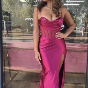 Belladonna burgundy satin corset gown