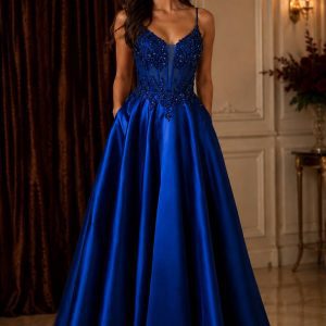 Royal blue princess A-line satin gown with beaded corset bodice available for hire in Perth