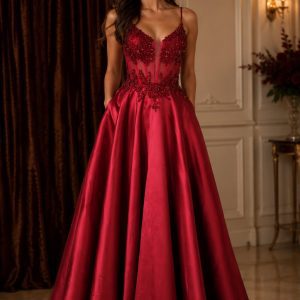 Burgundy corset princess ball gown with beaded bodice available for hire in Perth