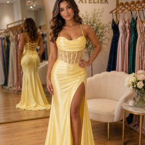 Tania Olsen Belladonna Yellow Satin Corset Gown with Sheer Corset Bodice and Thigh Split for Formal Dress Hire Perth