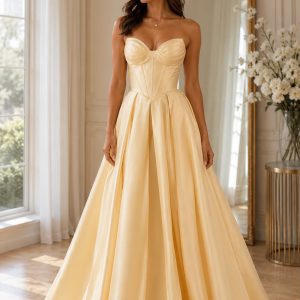 Yellow satin A-line ball gown with structured corset bodice available for hire in Perth