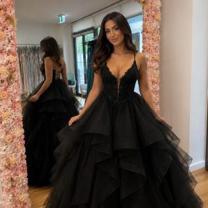 Black princess ball gown with layered tulle skirt and fitted corset bodice available at KKW Formal Dresses Perth.