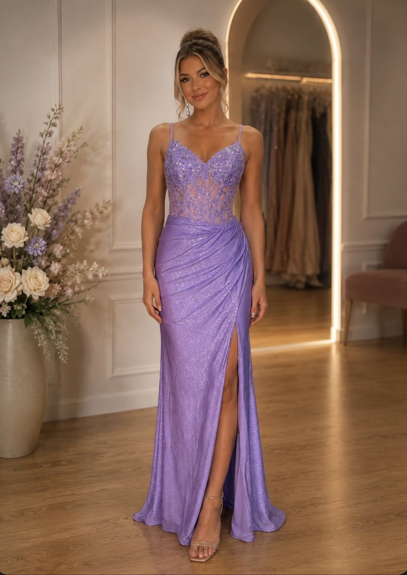 Designer dress hire Perth featuring a lilac corset formal gown with a fitted silhouette, elegant evening style and front split, available at KKW Perth.