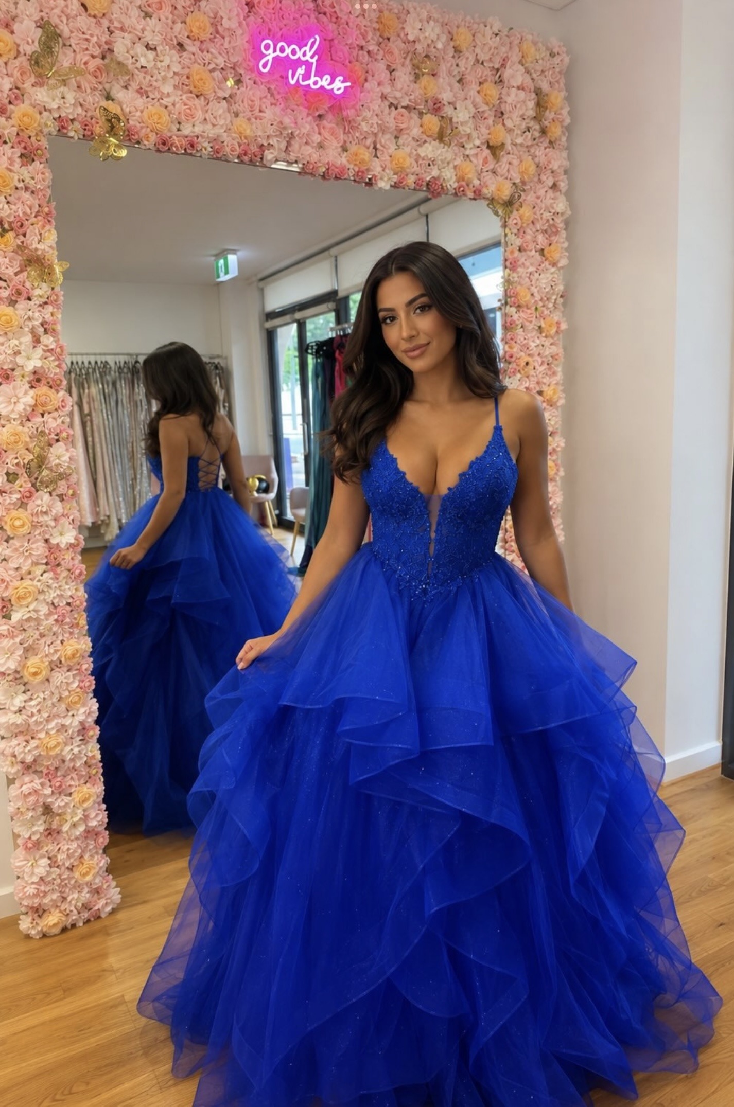 Royal blue princess ball gown with fitted corset bodice and layered tulle skirt available at KKW Formal Dresses Perth.