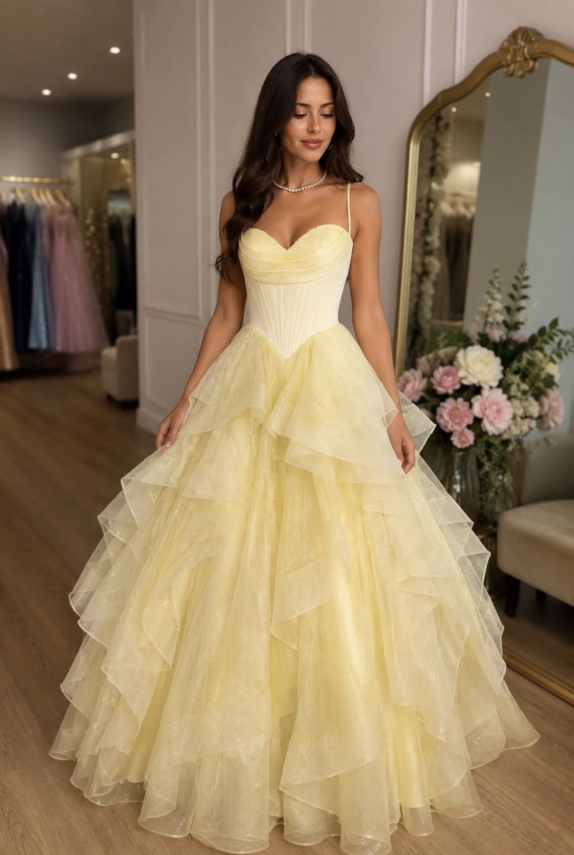 Yellow princess corset ball gown with layered glitter tulle skirt available for hire in Perth at KKW Perth Formal Dresses.