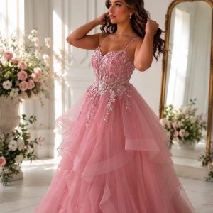 Pink princess corset ball gown with glitter tulle layered skirt and beaded bodice available for hire in Perth