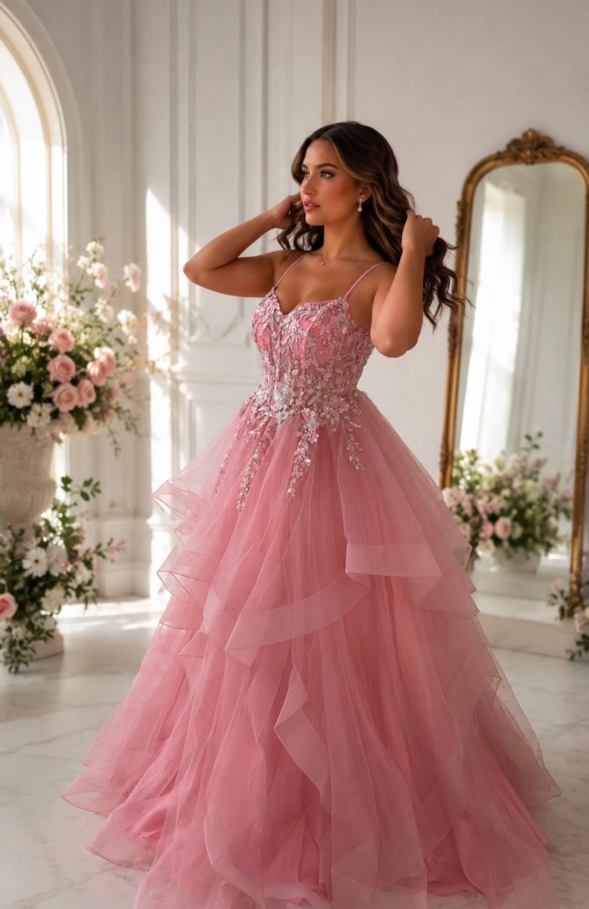 Pink princess corset ball gown with glitter tulle layered skirt and beaded bodice available for hire in Perth