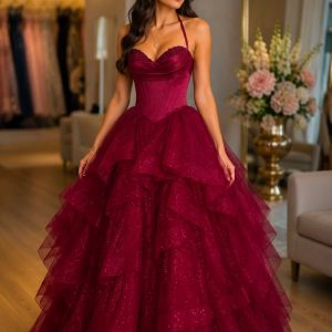 Luxury burgundy princess corset ball gown with layered glitter tulle skirt available for hire at KKW Perth Formal Dresses.