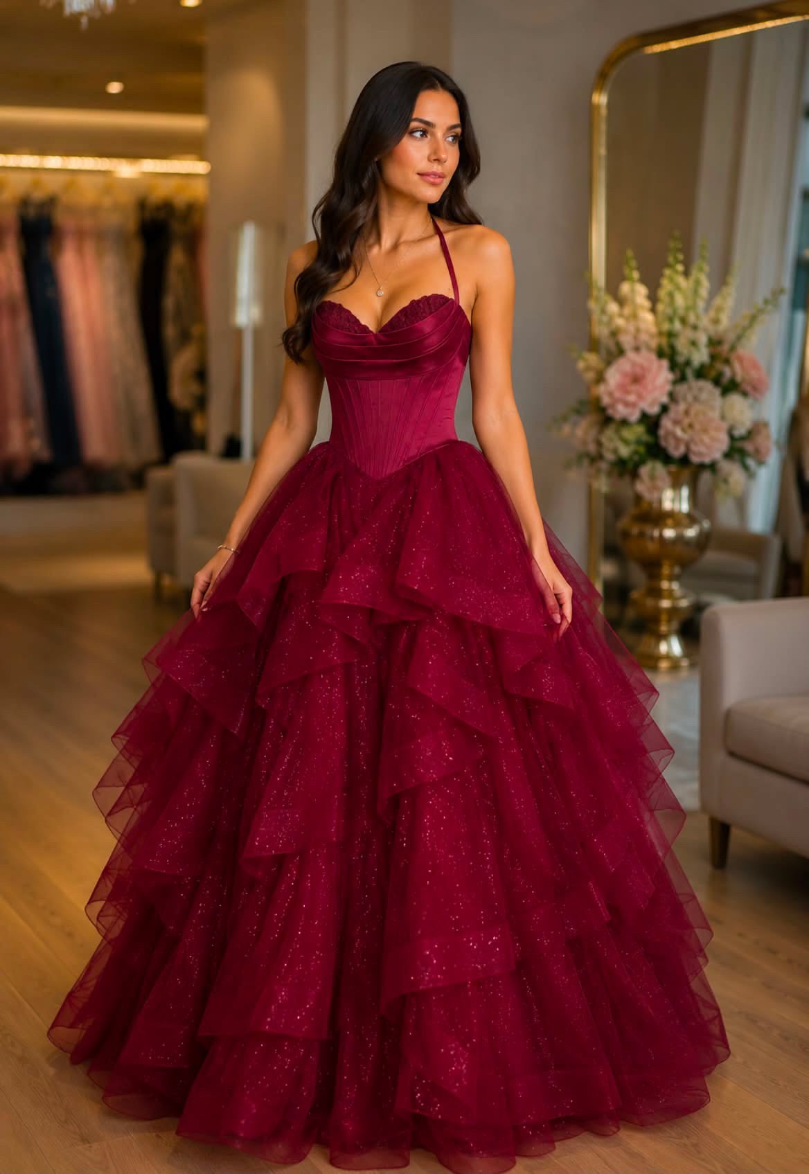 Luxury burgundy princess corset ball gown with layered glitter tulle skirt available for hire at KKW Perth Formal Dresses.