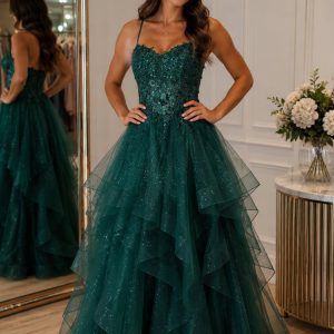 Green princess ball dress with corset bodice and layered glitter tulle skirt available for hire in Perth.