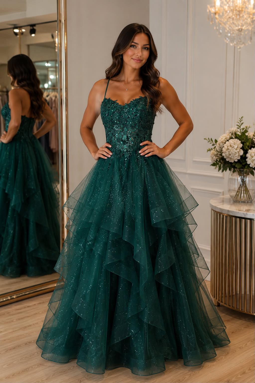 Green princess ball dress with corset bodice and layered glitter tulle skirt available for hire in Perth.