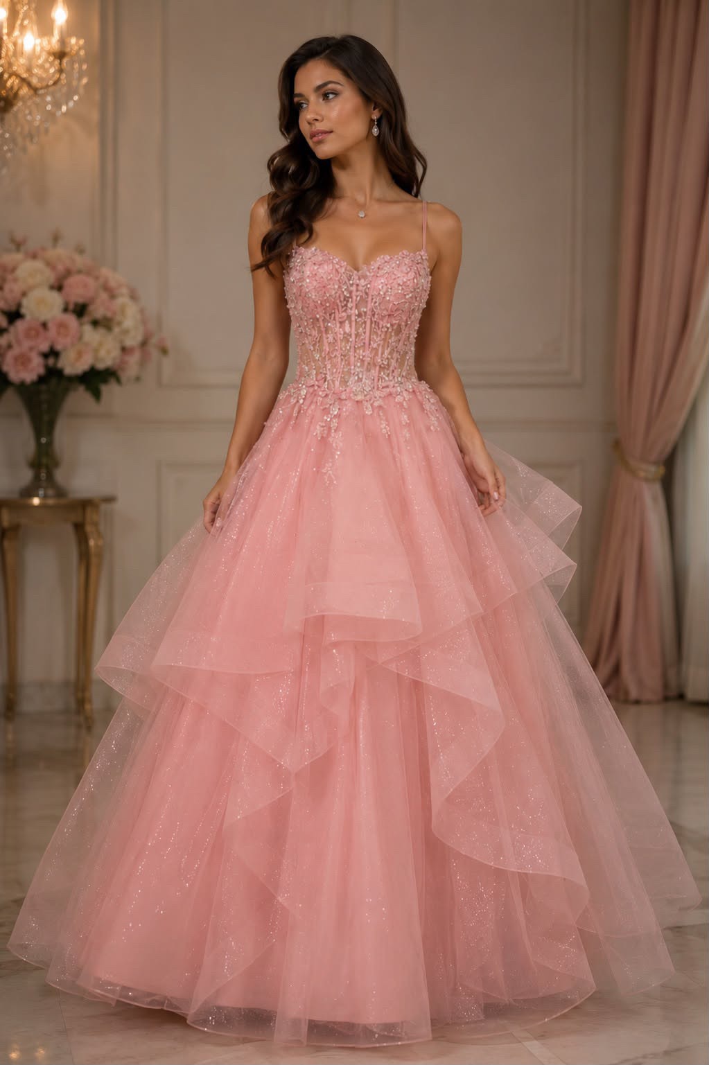 Pink princess corset ball gown with glitter tulle layered skirt and beaded bodice available for hire in Perth